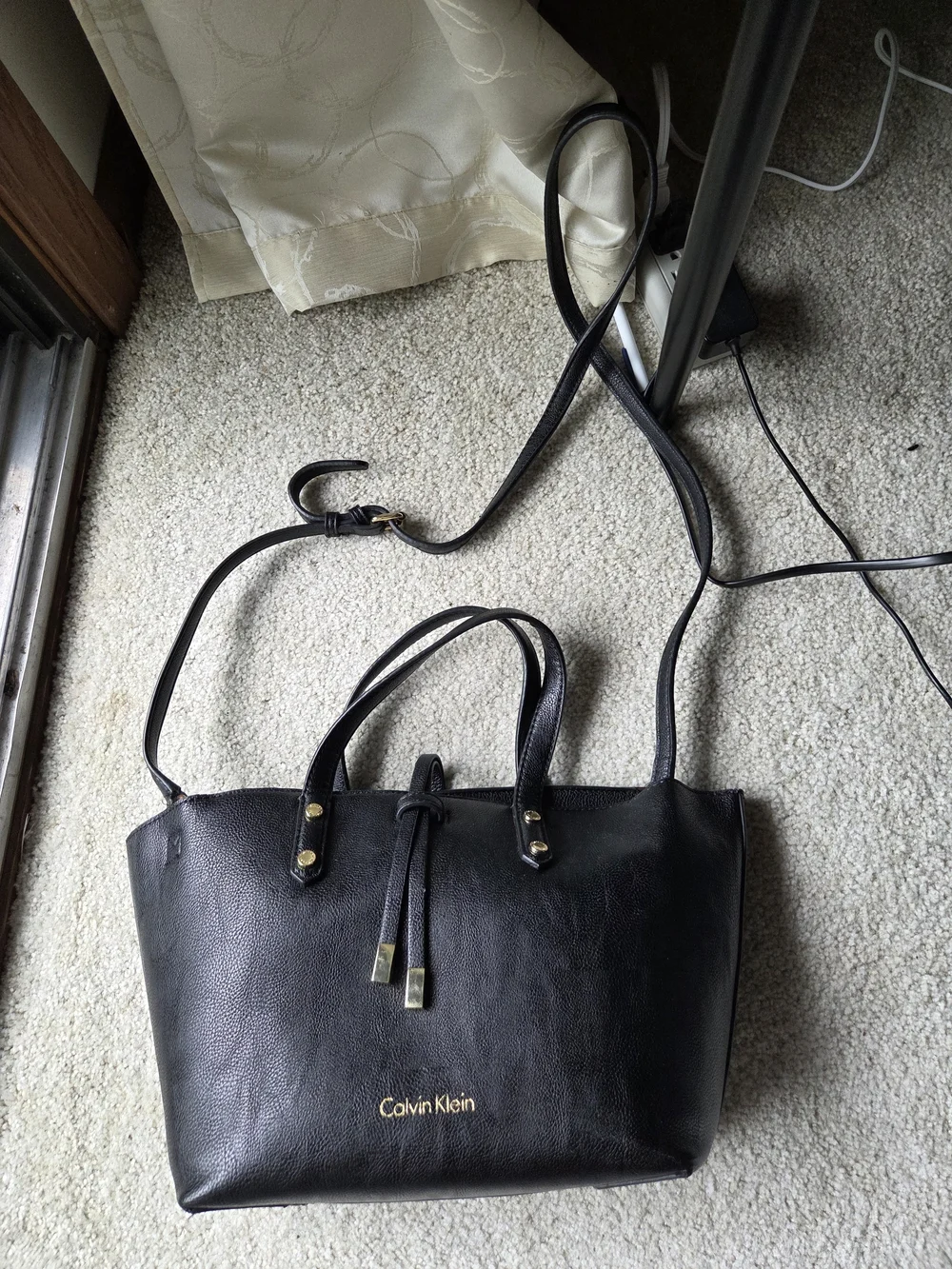 Calvin Klein Black Leather Shoulder Tote with Gold Accents